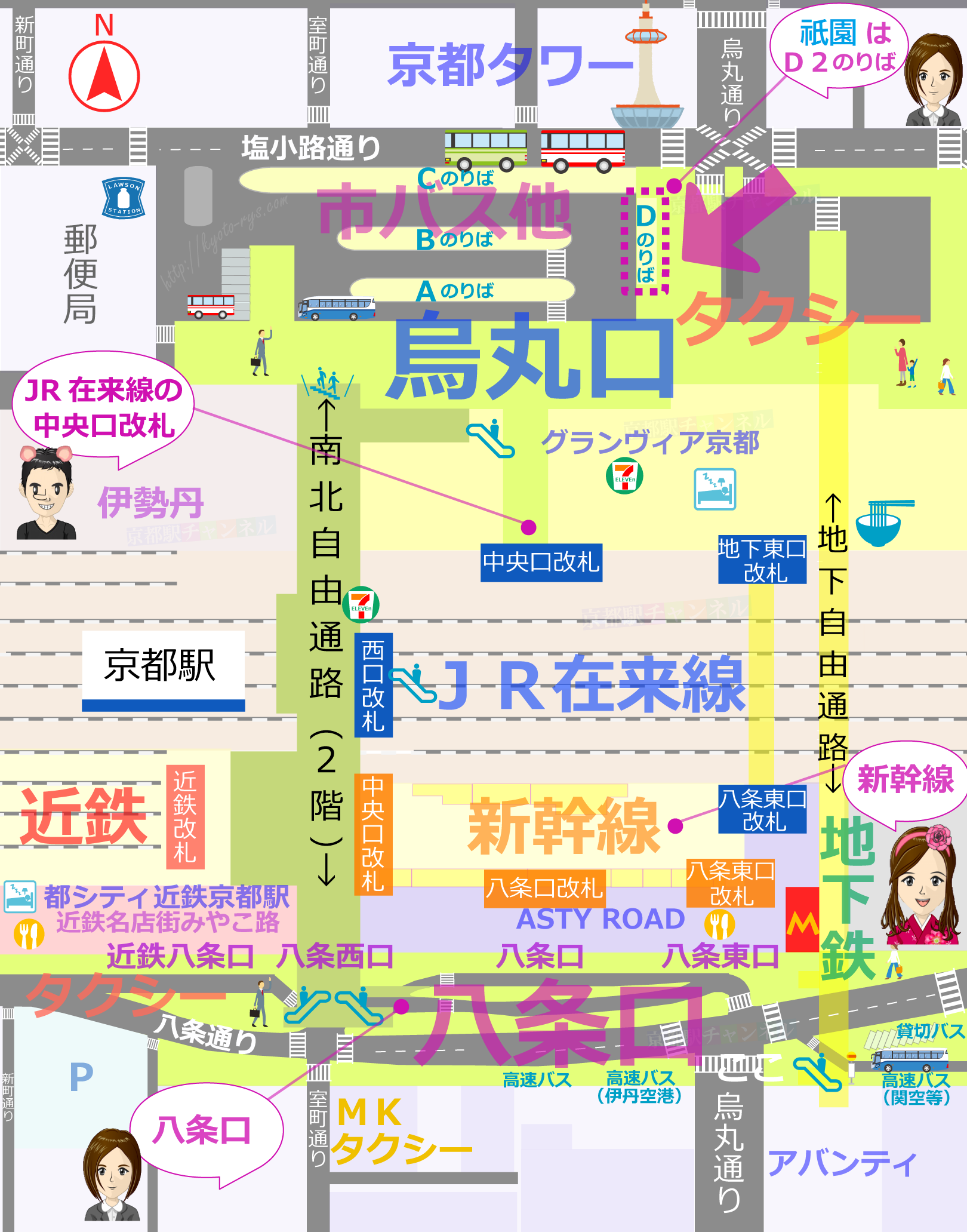京都駅の全体図と祇園行きのバスのりばのマップ