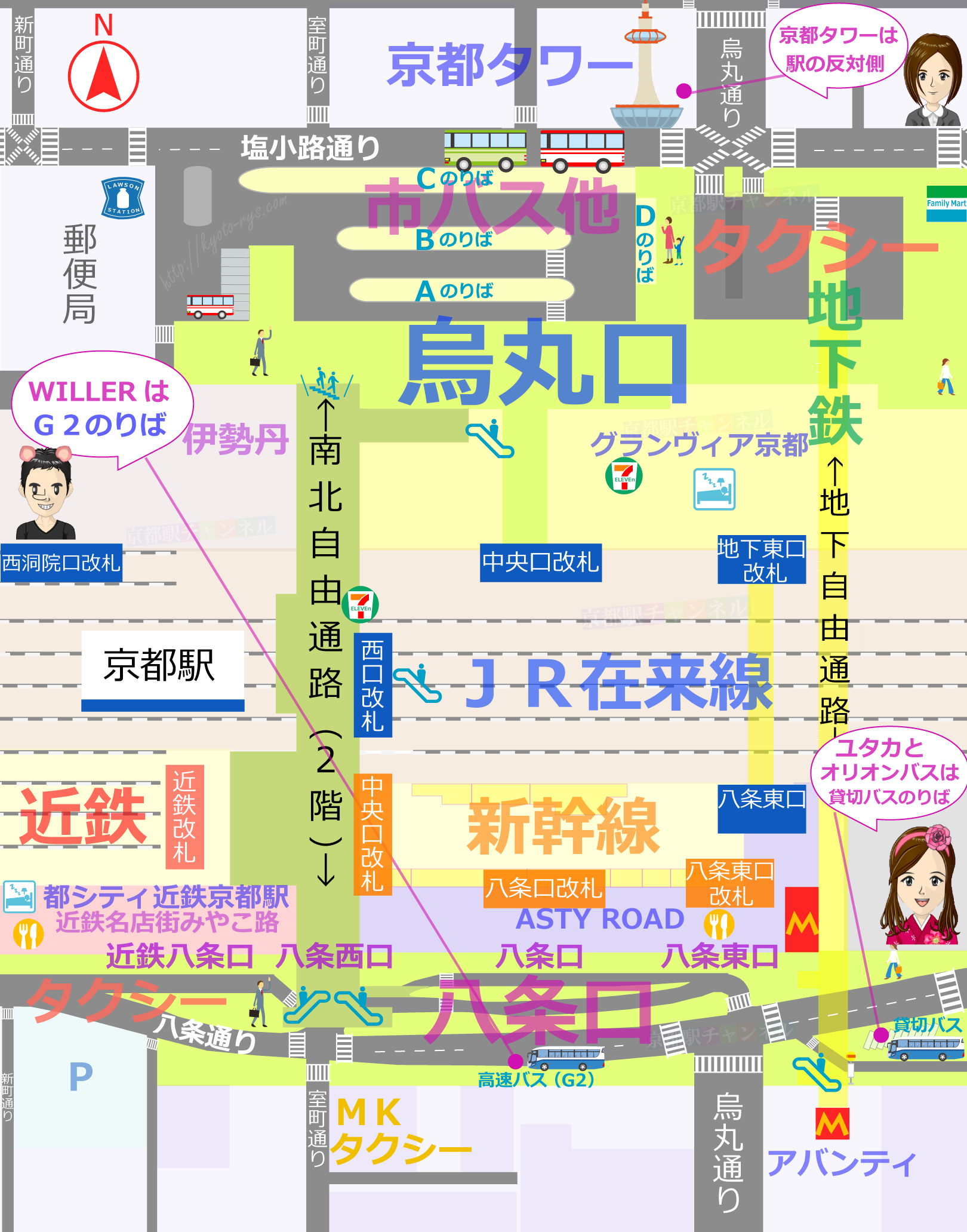 京都駅の博多行の高速バスのりばのマップ