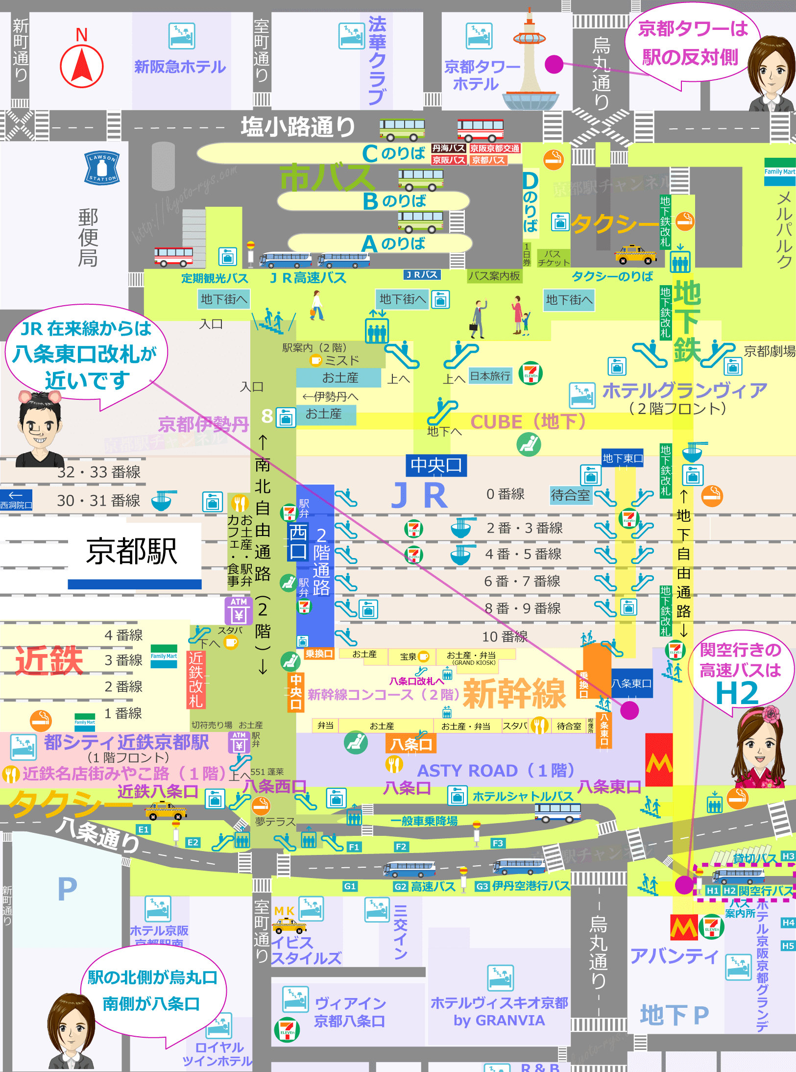 京都駅のマップと関空行のバスのりば