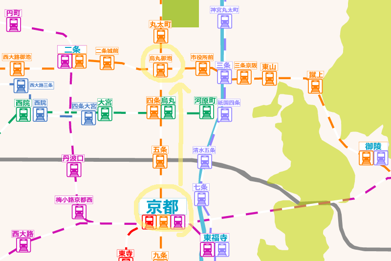京都駅から烏丸御池駅への路線図