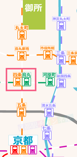 京都駅から四条駅への路線図