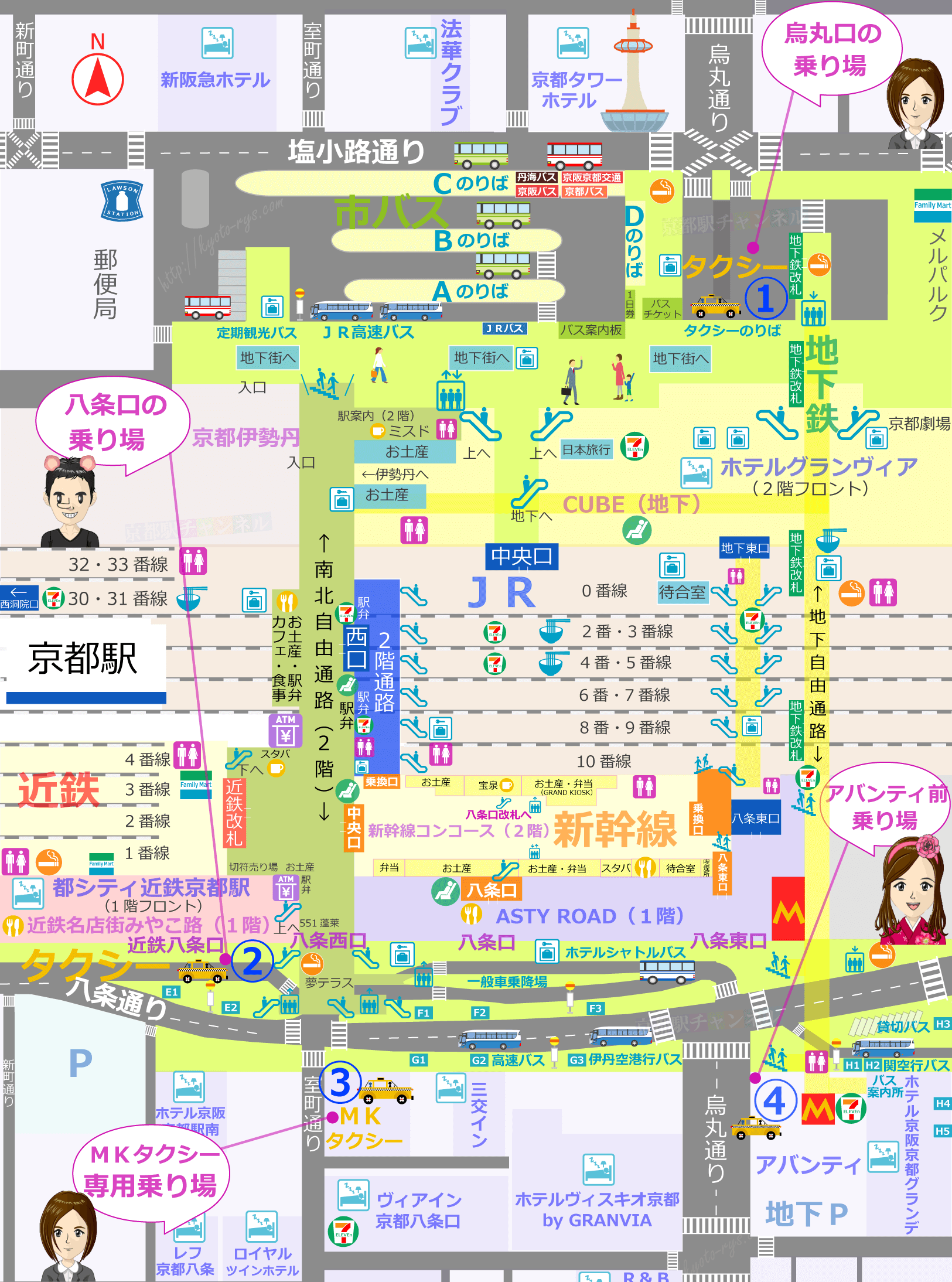 京都駅全体のタクシー乗り場の地図