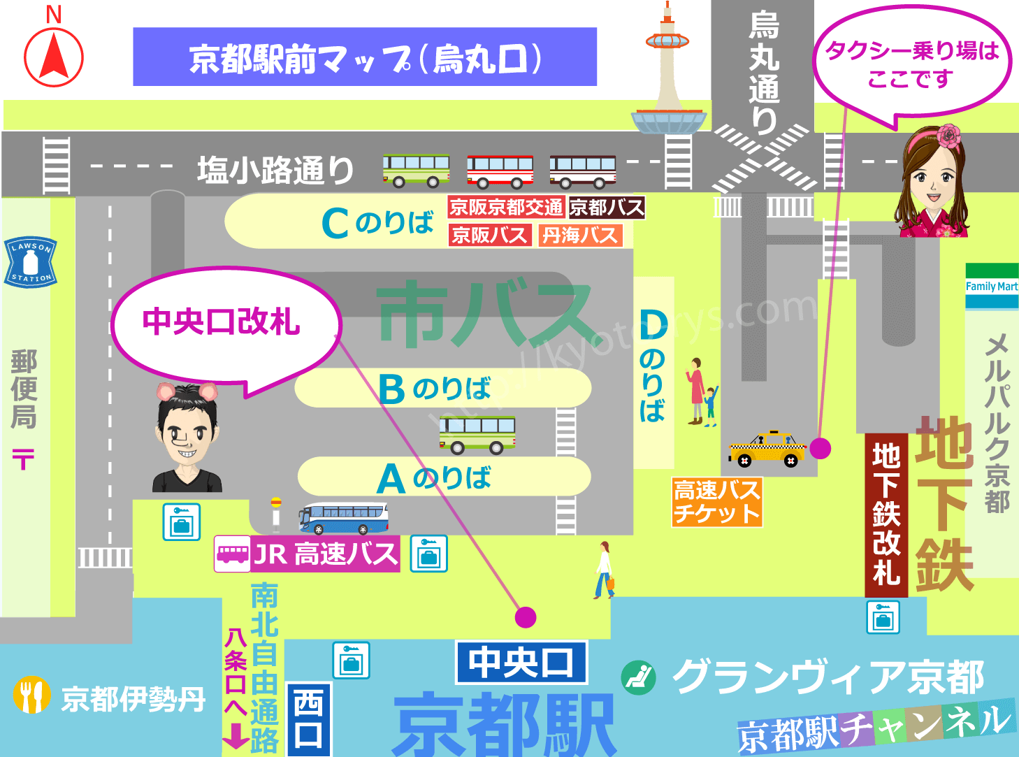 京都駅烏丸口のタクシー乗り場の地図
