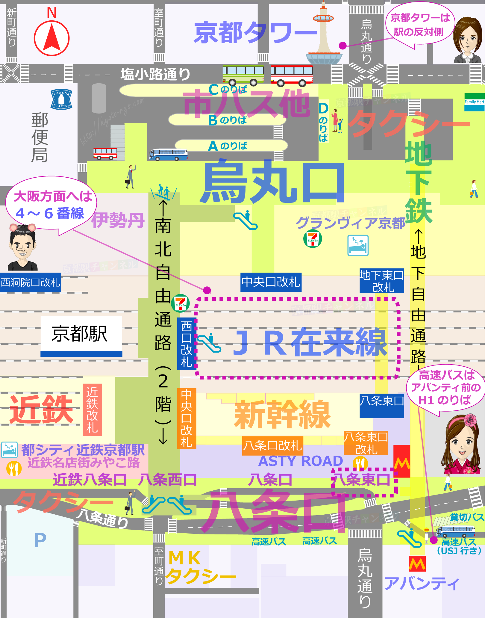 京都駅のユニバーサルシティ駅行きの乗り場マップ