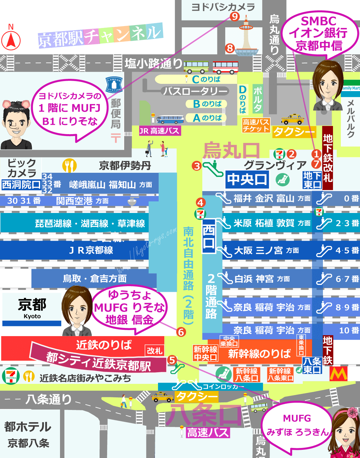 京都駅全体のATMの地図