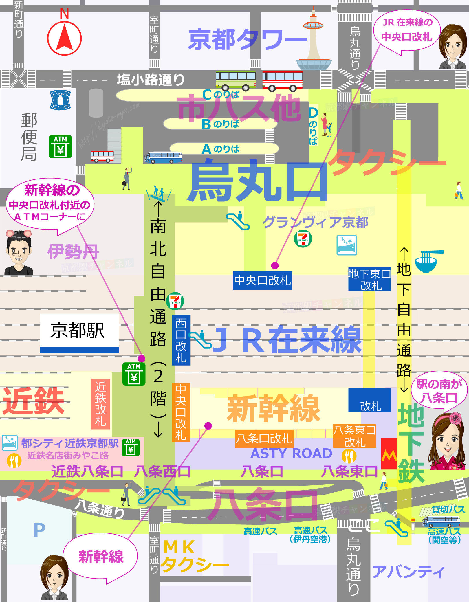 京都駅の全体図と滋賀銀行銀行のATMのマップ