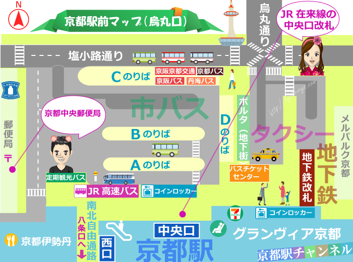 京都駅の烏丸口と京都中央郵便局のマップ