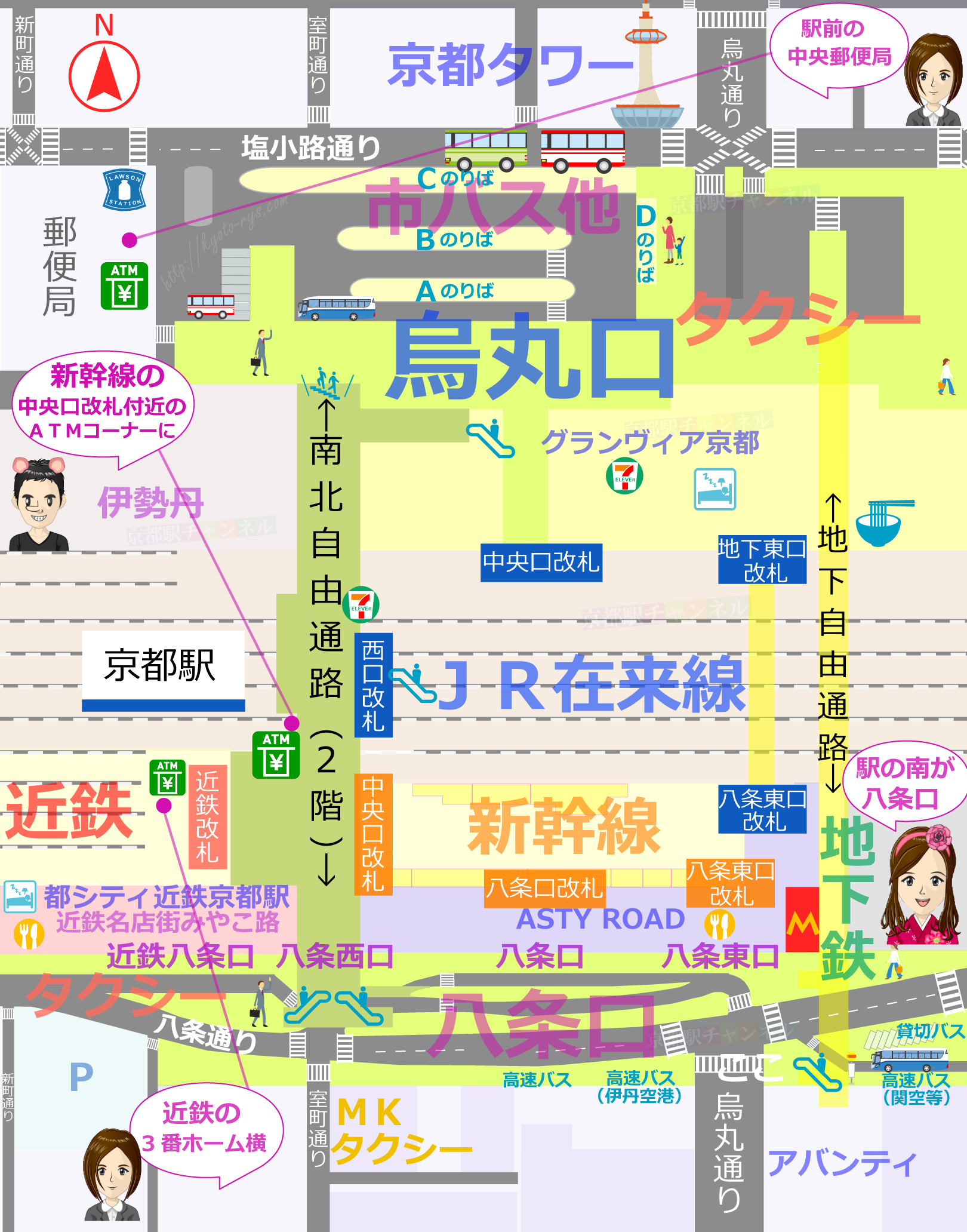 京都駅の全体図とゆうちょATMのマップ