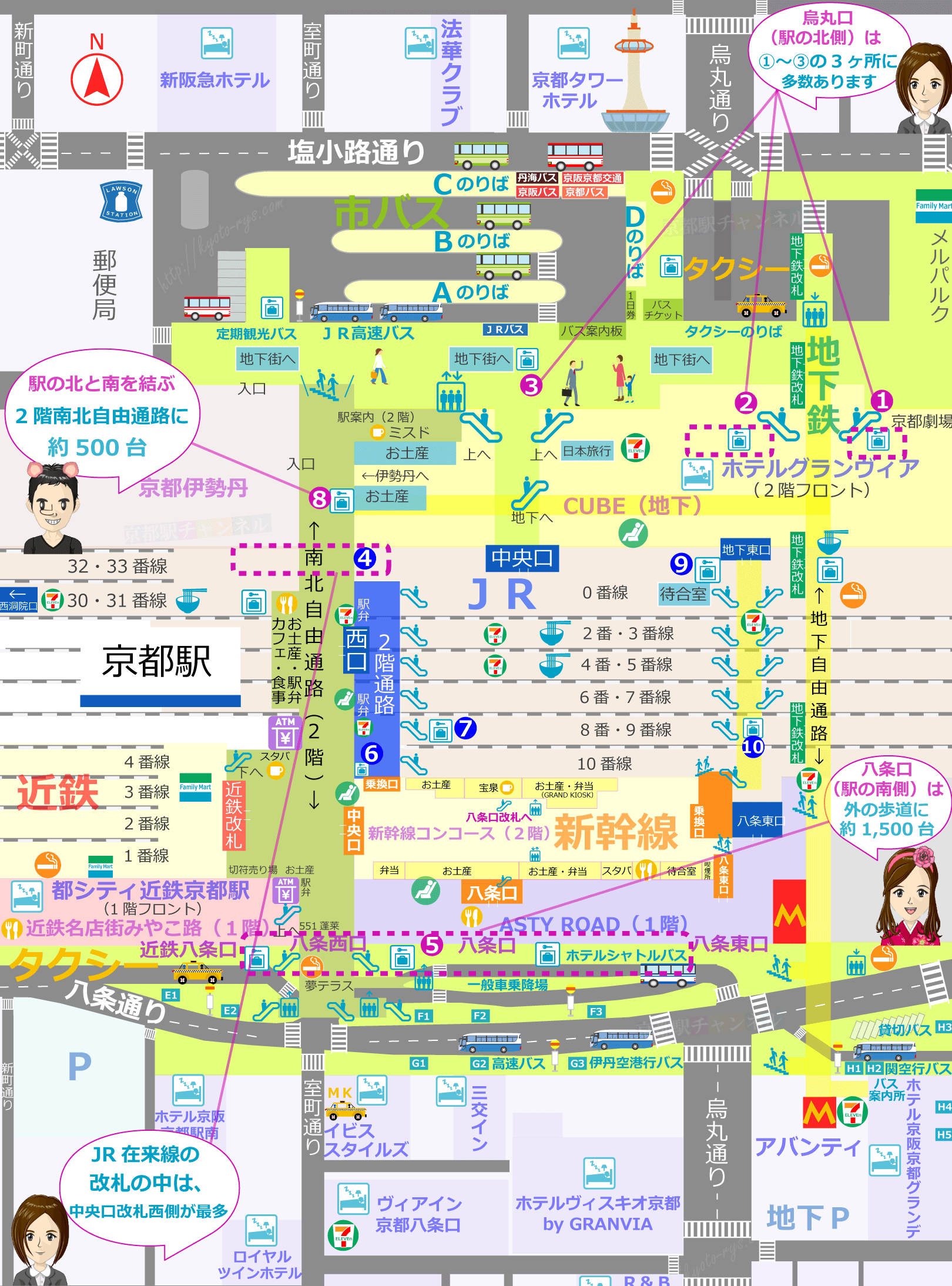 京都駅全体のコインロッカーの地図