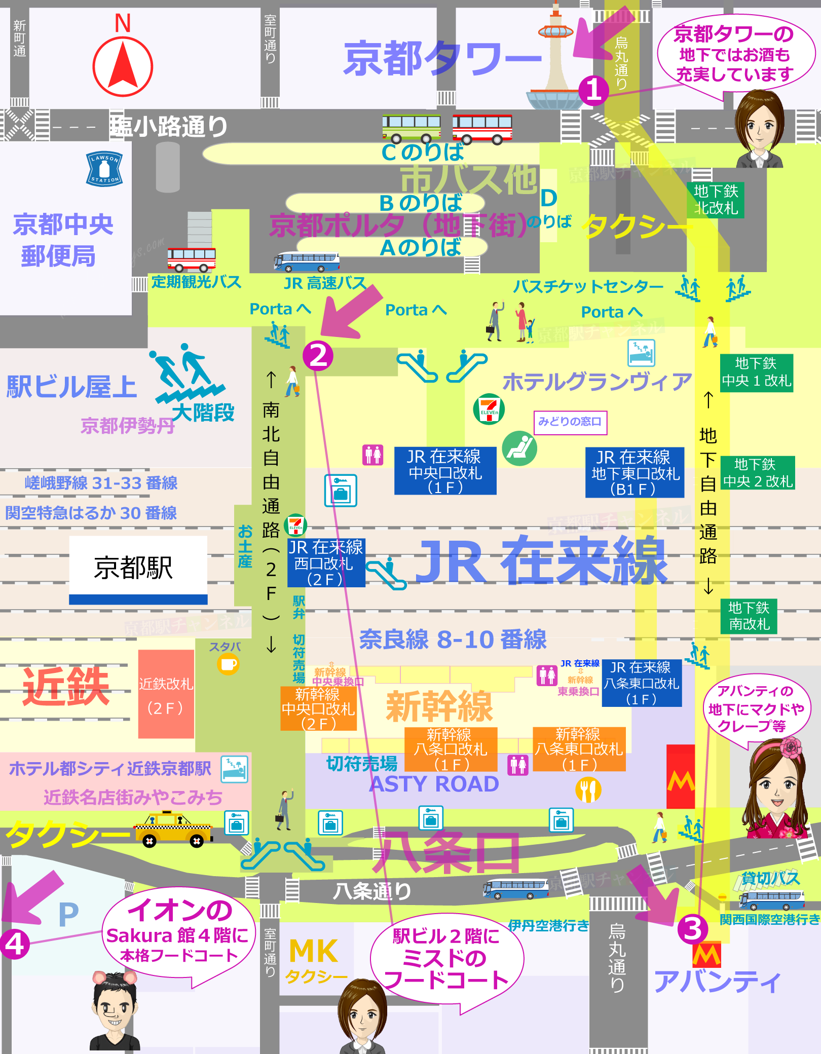 京都駅の全体図とフードコートのマップ