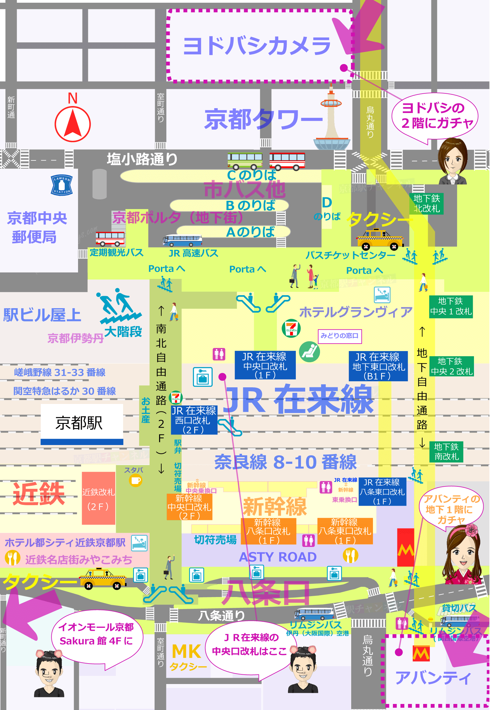 京都駅の全体図とガチャガチャのマップ