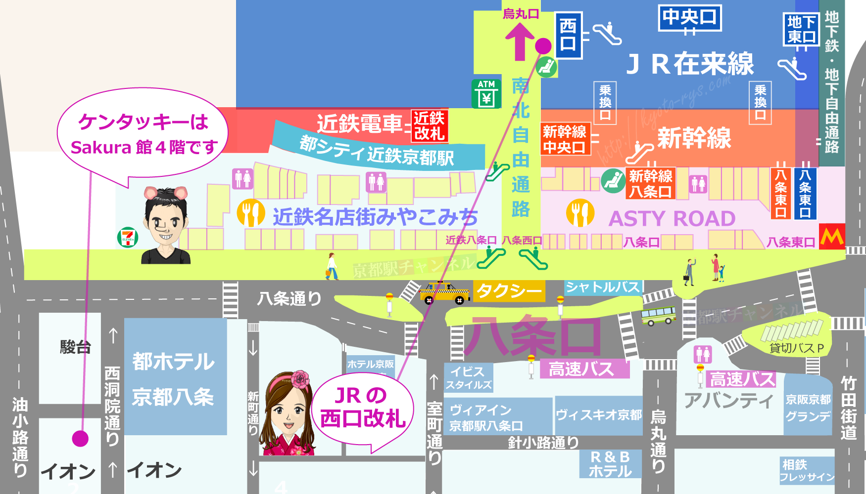 京都駅の全体図とケンタッキーのマップ