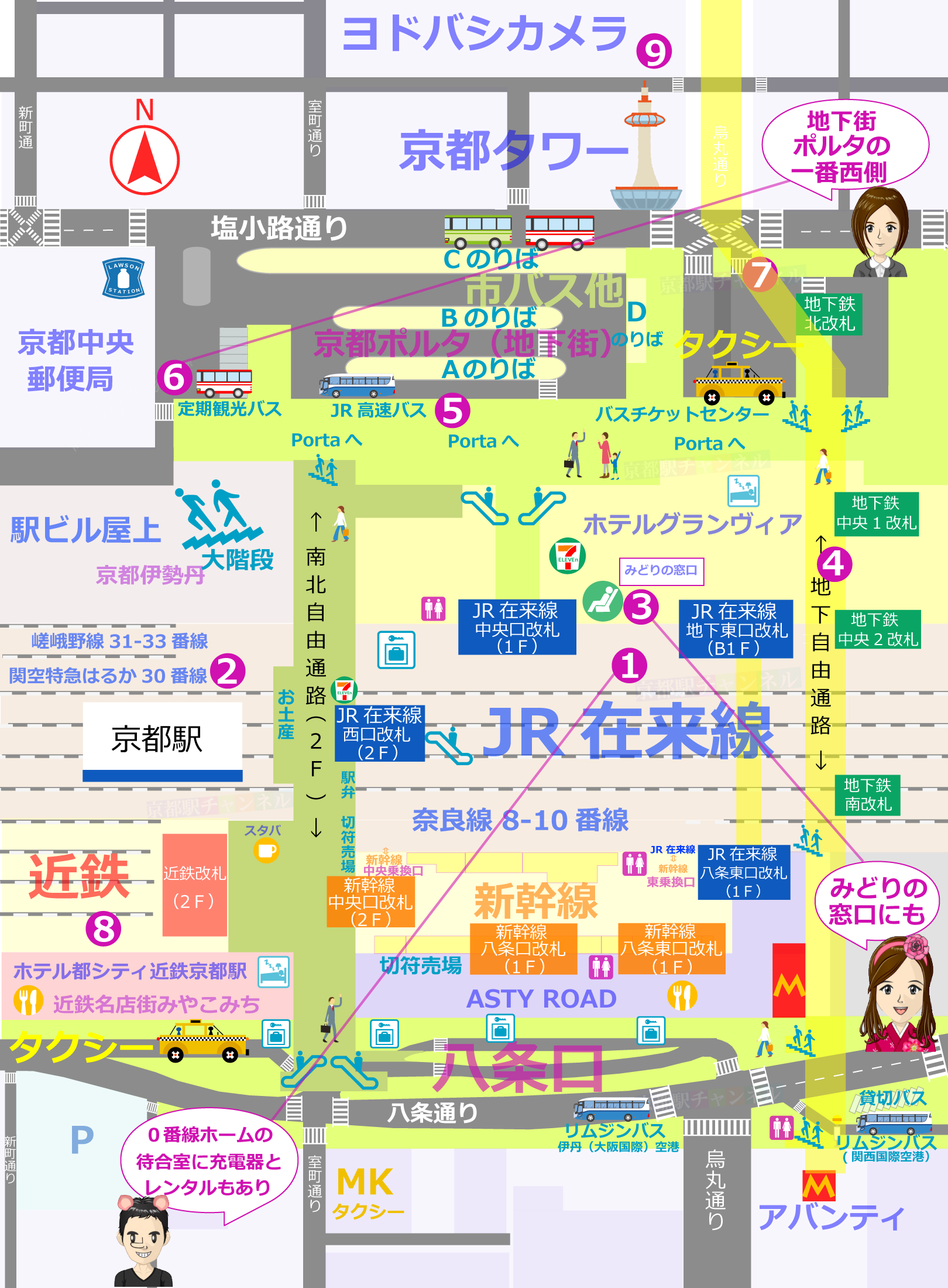 京都駅のモバイルバッテリーのレンタル機器のマップ