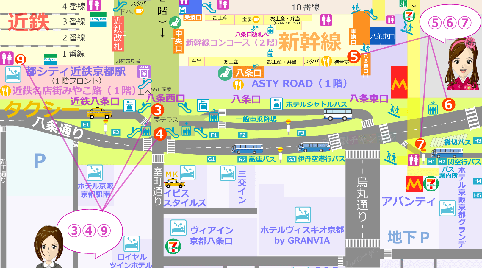 京都駅八条口の喫煙所の地図