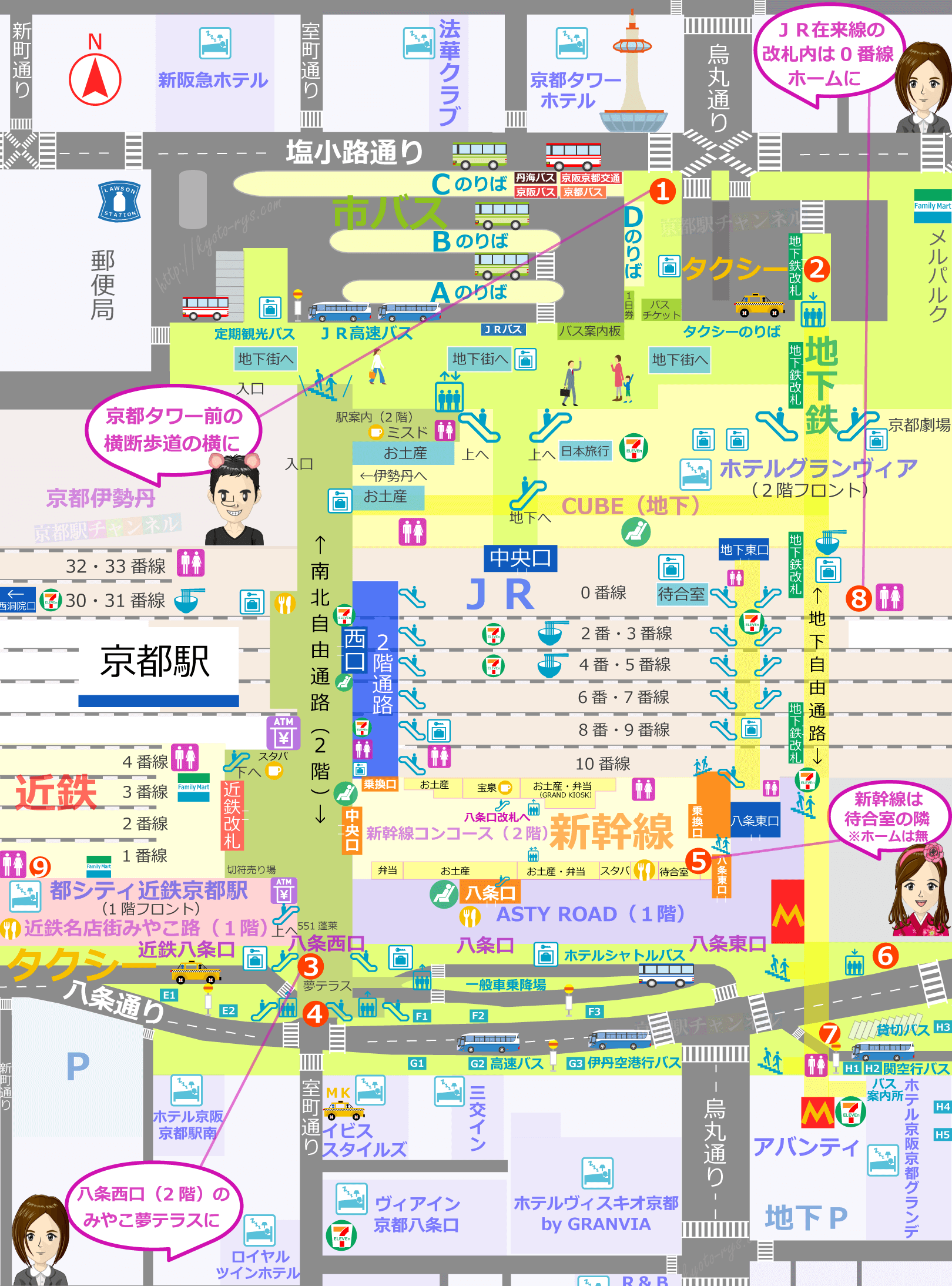 京都駅全体の喫煙所の地図