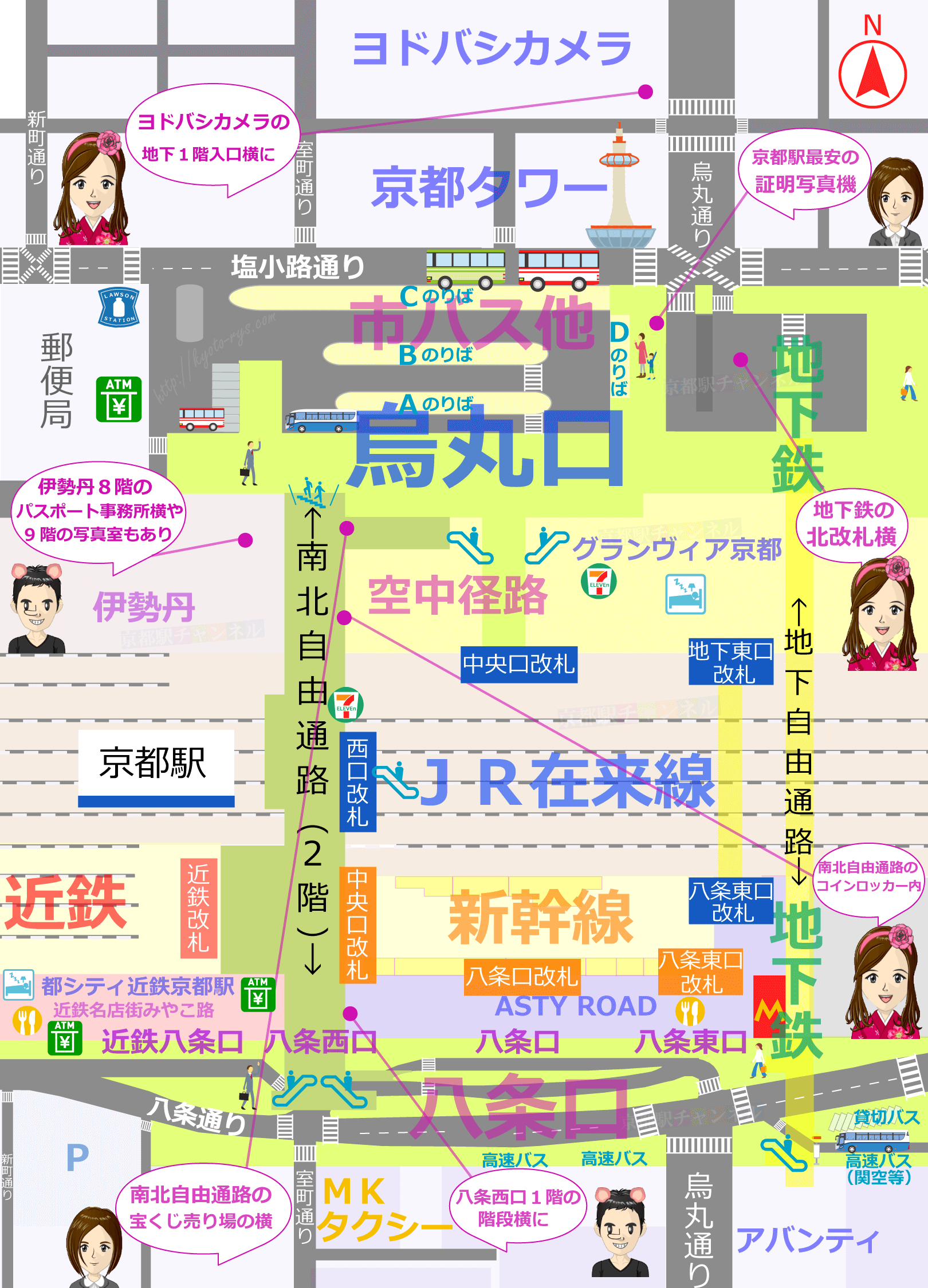 京都駅の全体図と証明写真機のマップ