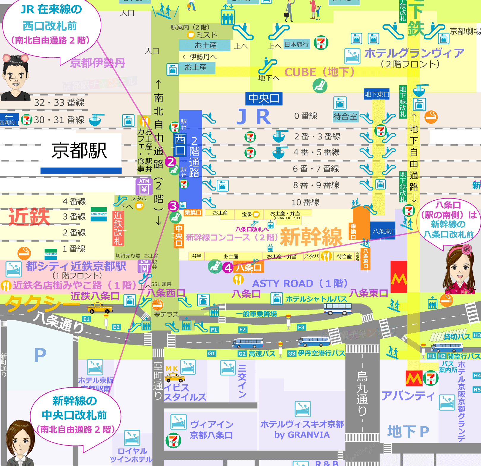 京都駅八条口と西口の切符売場の地図