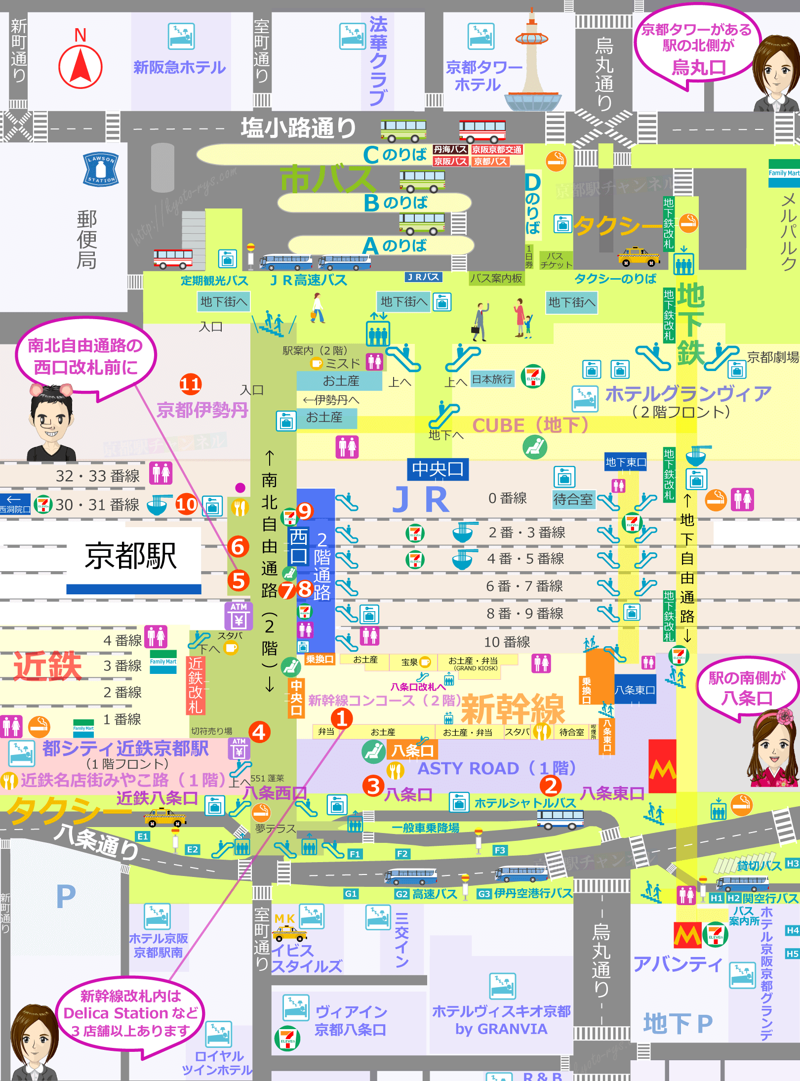 京都駅の構内図と駅弁の販売マップ