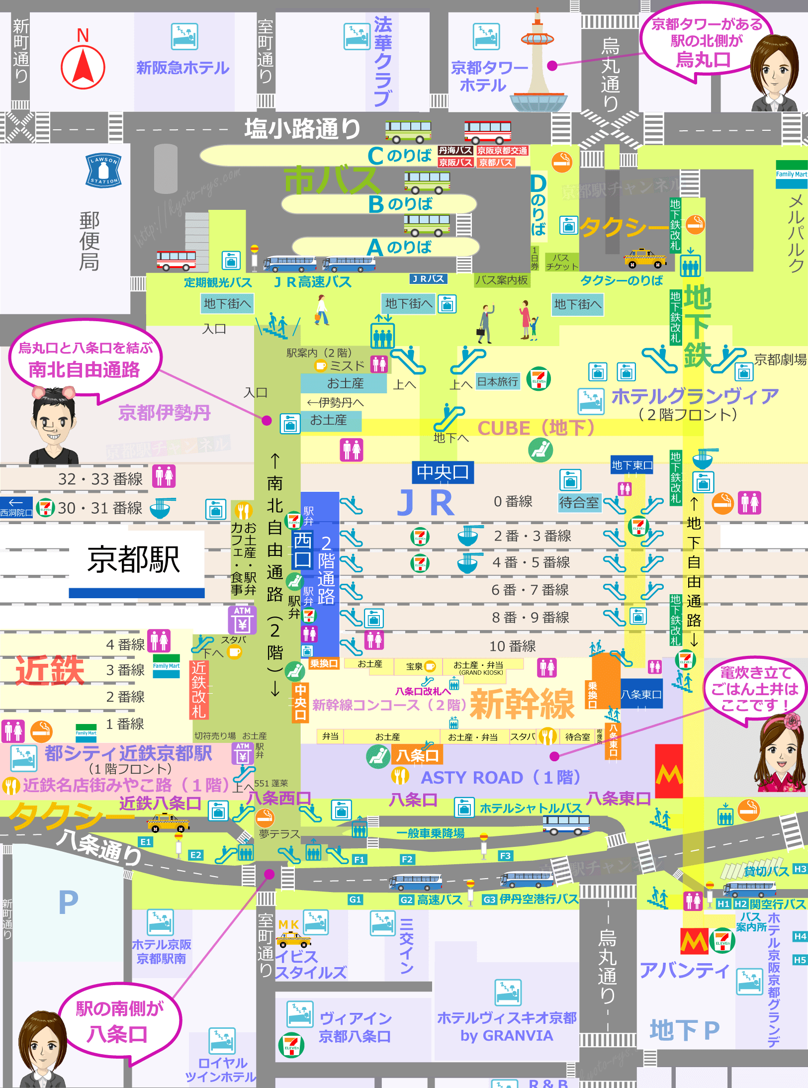 京都駅の構内図と竈炊き立てごはん土井の店舗マップ