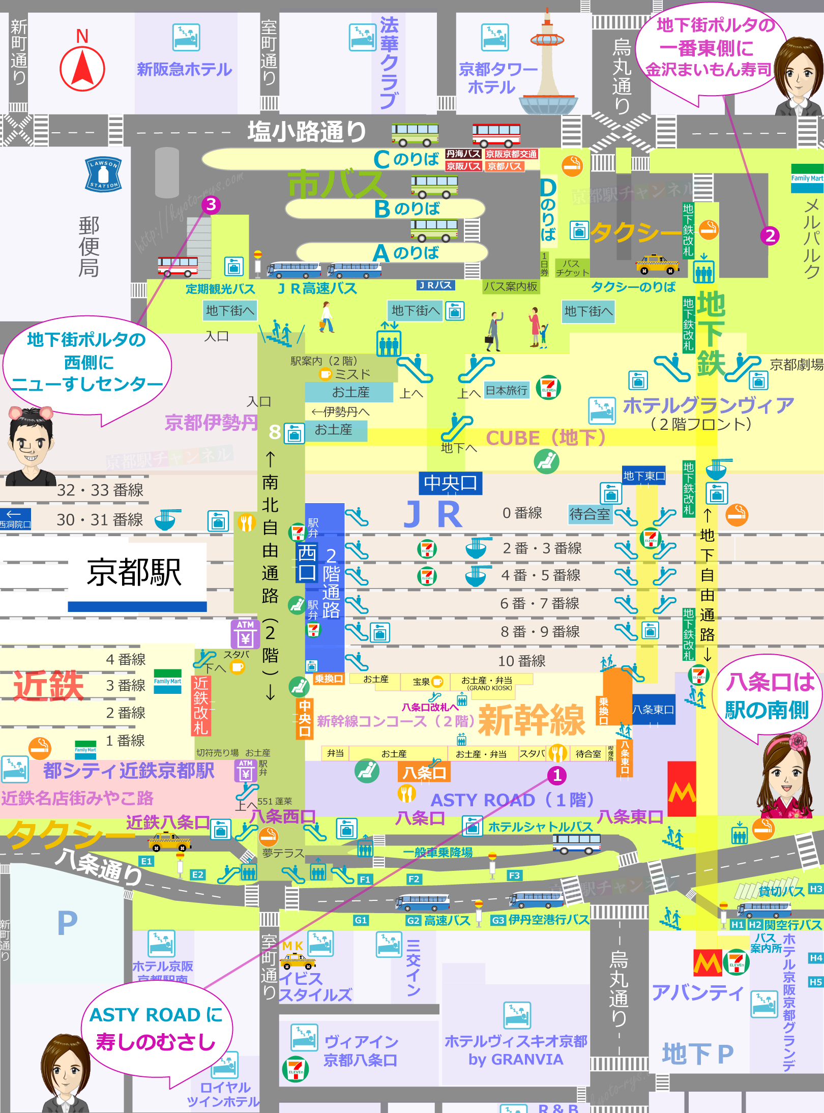 京都駅の構内図と寿司屋さんのマップ