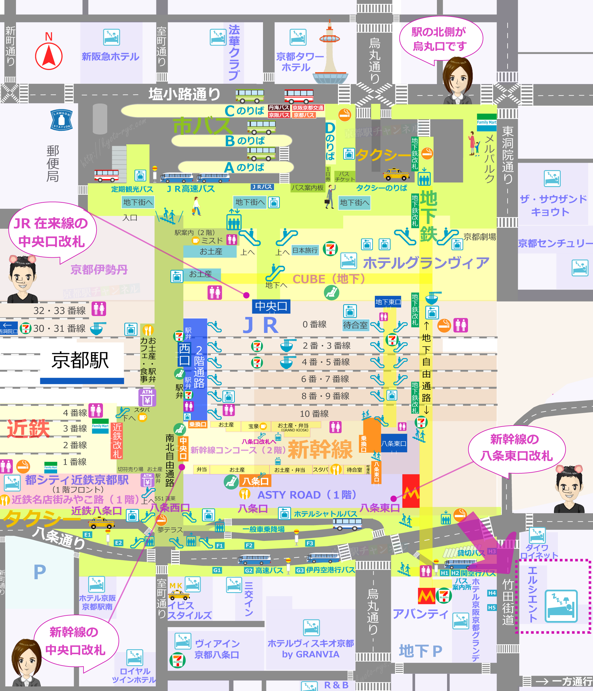 京都駅の構内図とエルシエント京都への地図