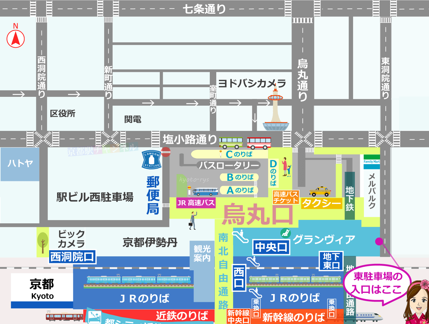 京都駅周辺とグランヴィアの提携駐車場の地図