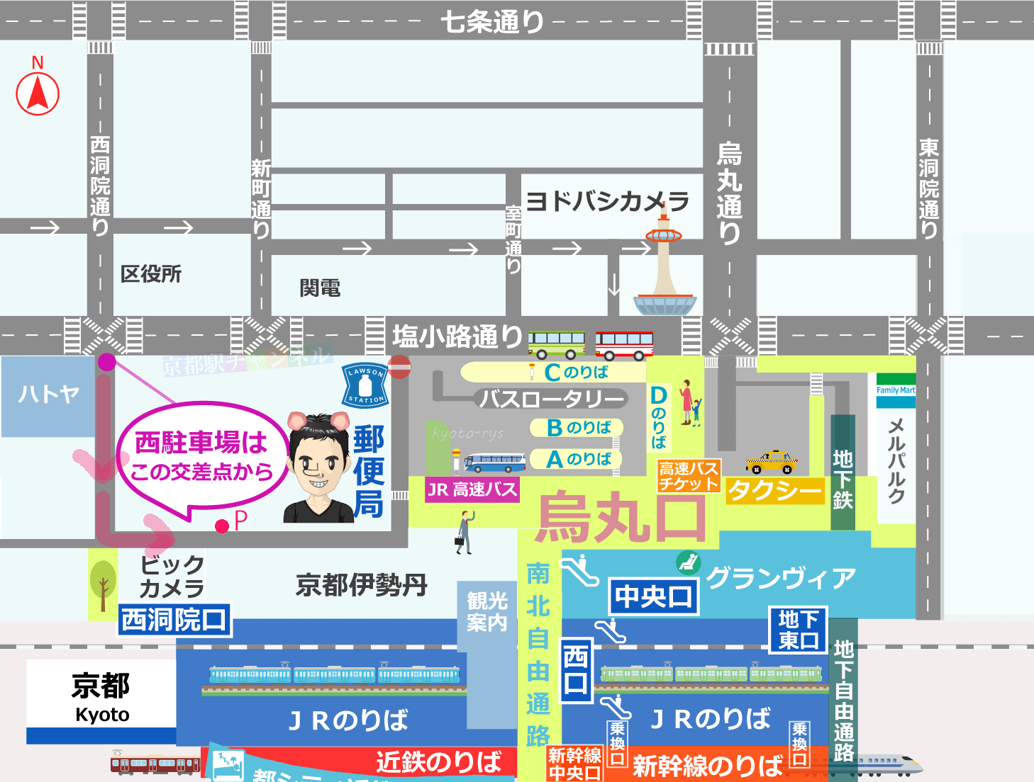 京都駅周辺と駅ビル西駐車場の地図