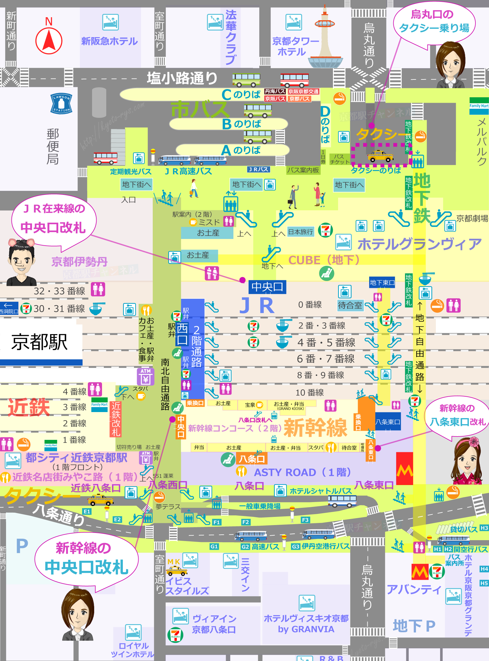 京都駅の構内図とタクシー乗り場