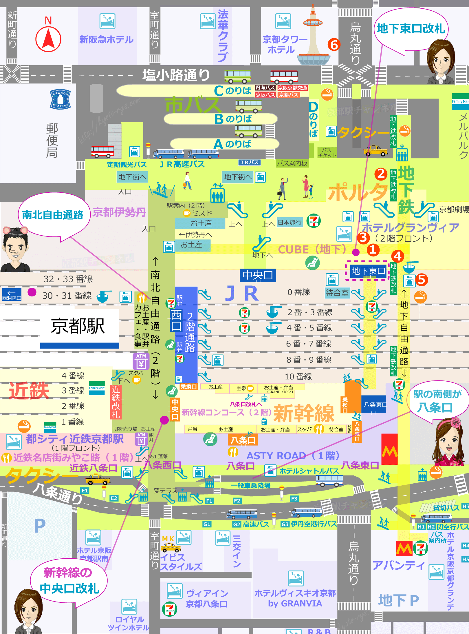 京都駅の構内図と地下東口のマップ