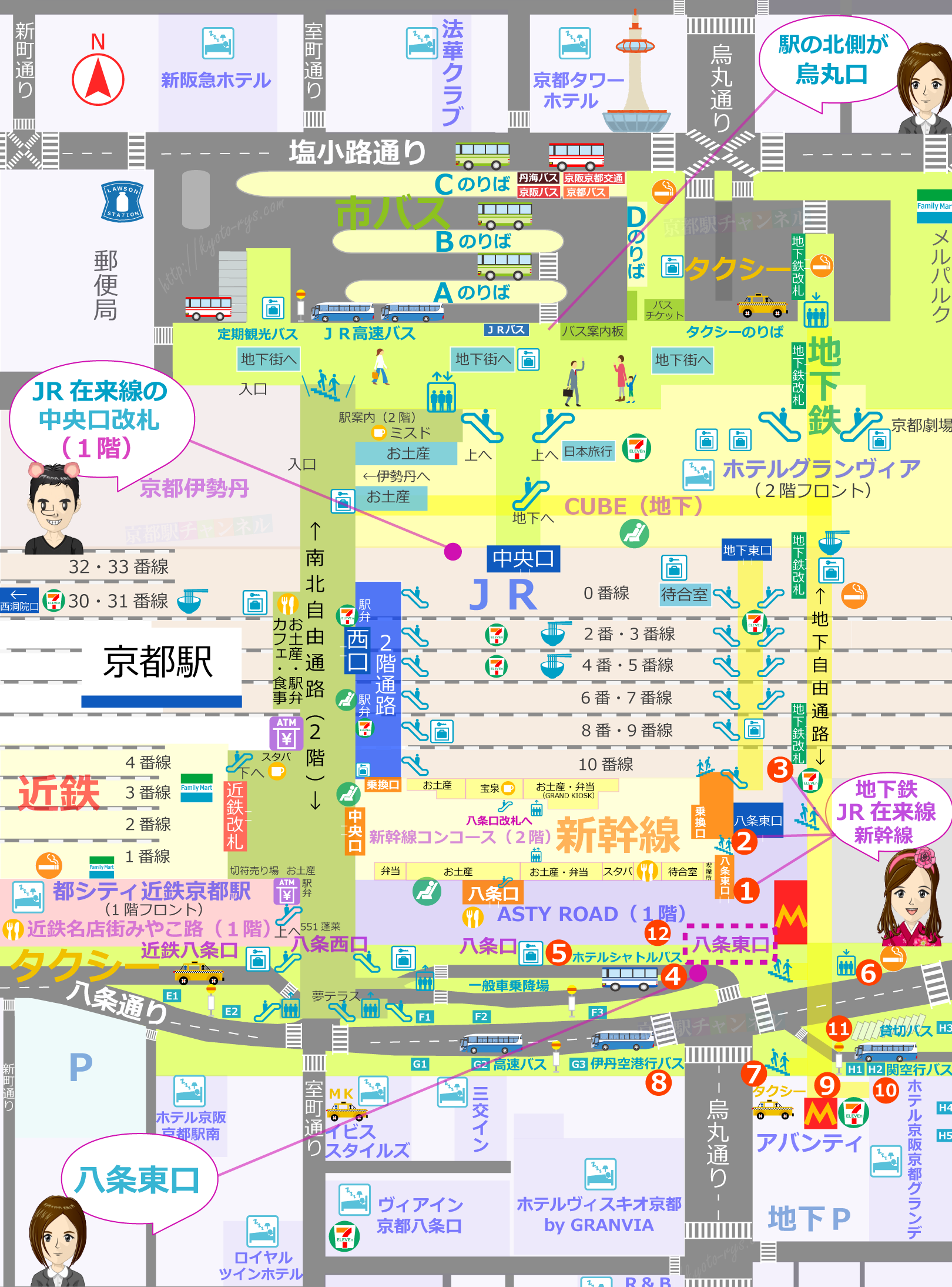 京都駅の構内図と八条東口のマップ