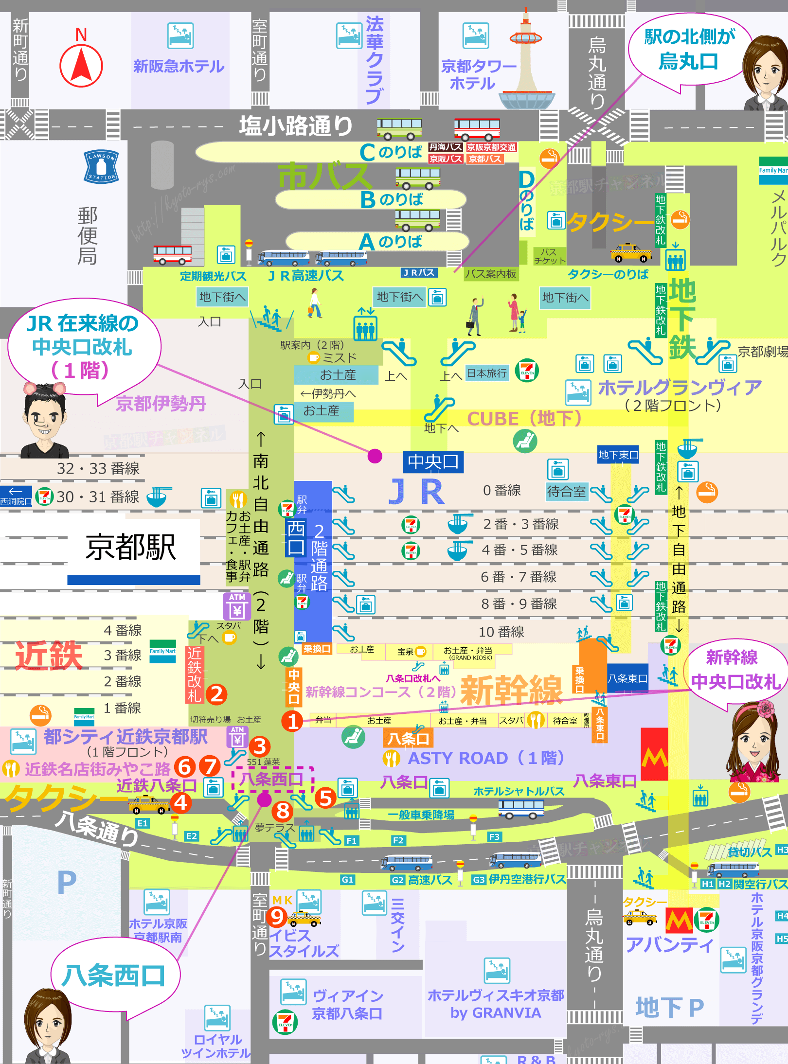 京都駅の構内図と八条西口のマップ