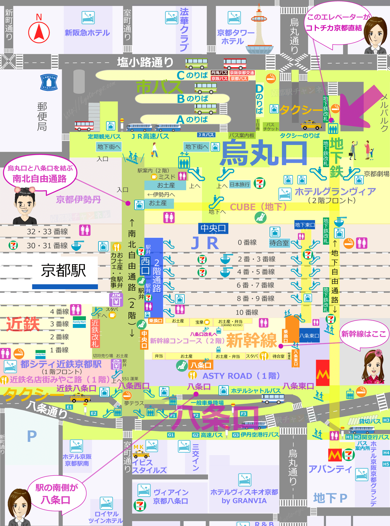 京都駅の詳細マップとコトチカ広場に出るエレベーター