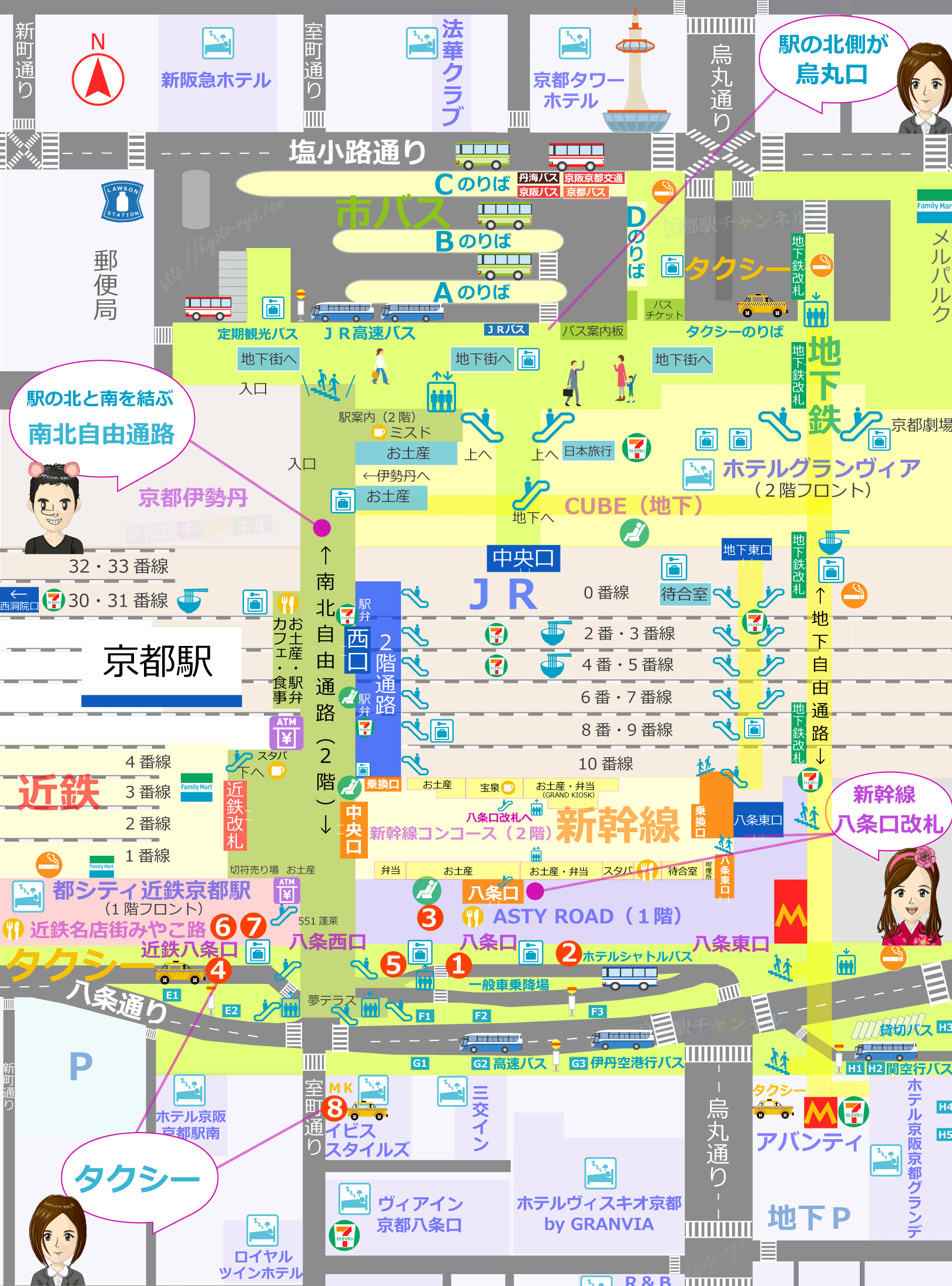 京都駅の構内図と新幹線八条口のマップ